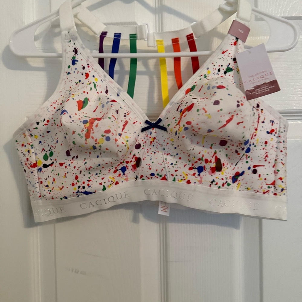 Cacique 40D Rainbow Strap Paint Splatter Bra | Unlined No-Wire Full Coverage NWT - Picture 3 of 7